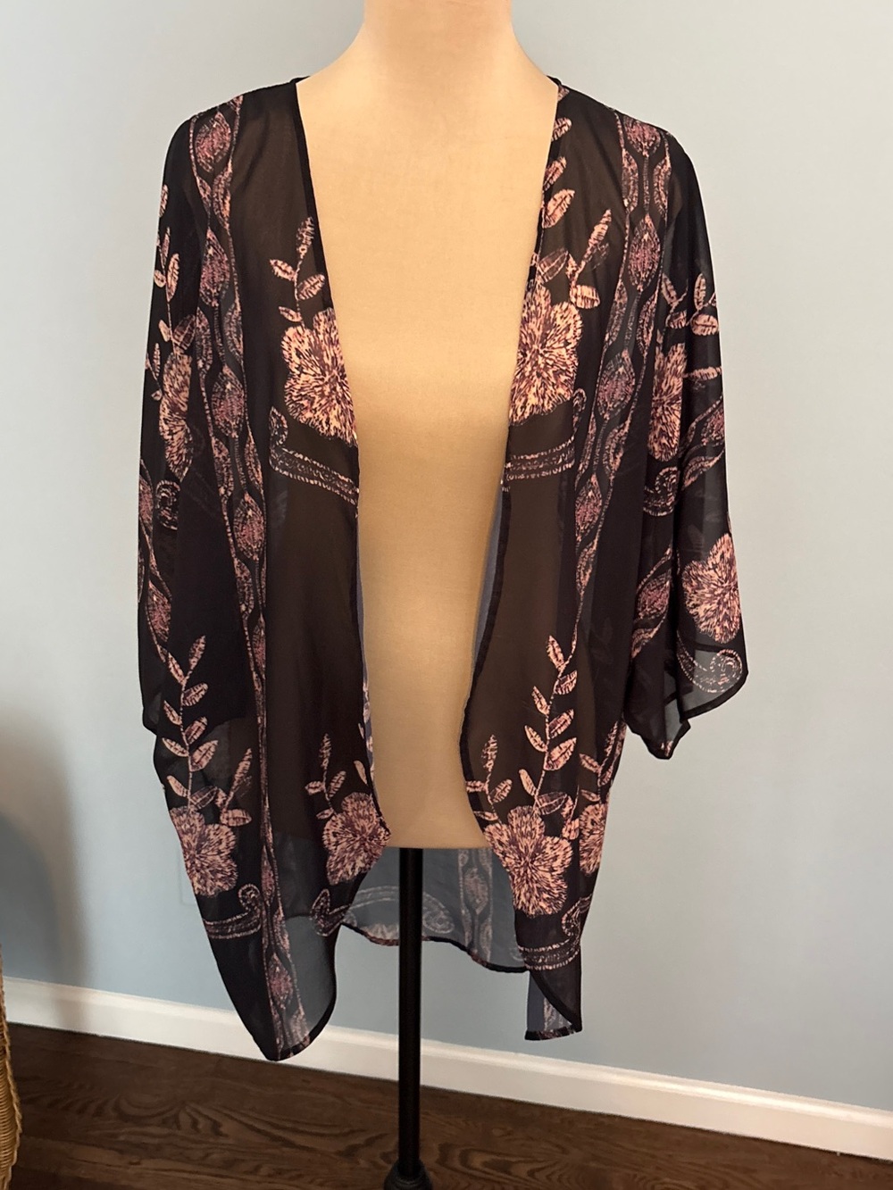 Sheer Black Floral Kimono Jacket - Women's Layering Wrap